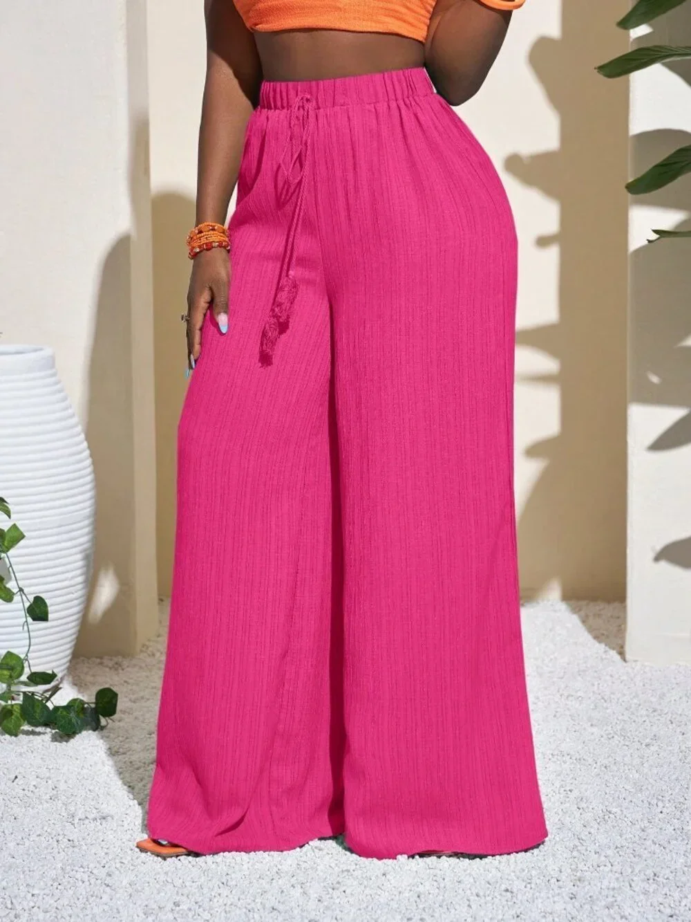 Hot Pink Casual Women's Full-Length Geometric Pattern Palazzo Pants